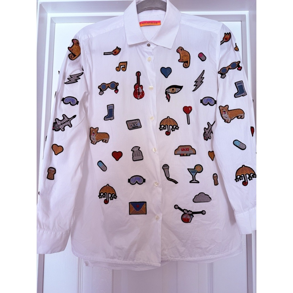 Vilagallo Embroidered Womens White Button Down Top Size EU 42 US 12 Artsy Patch